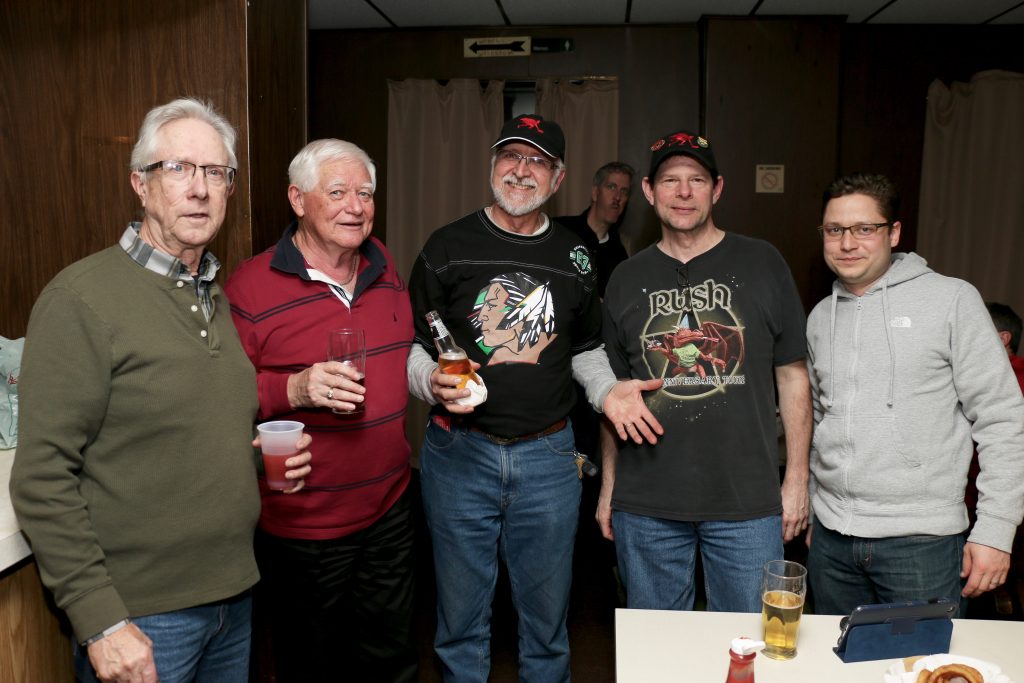 Ejoying a beverage are: Doug Adams, Ian Anderson, John Dankeart, Paul Gaines and ?